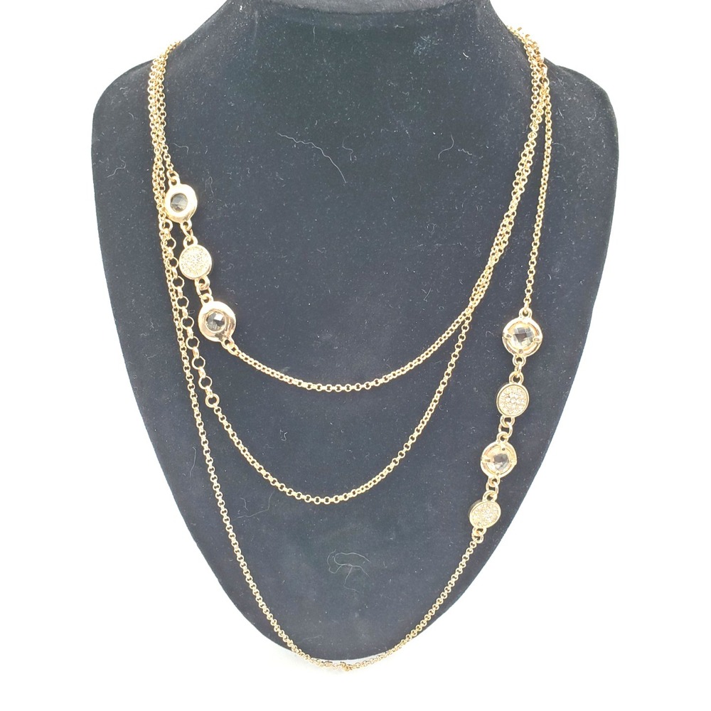 Vintage Anne Klein Open Bezel 36"Rhinestone & Crystal Disc Necklace Gold Tone